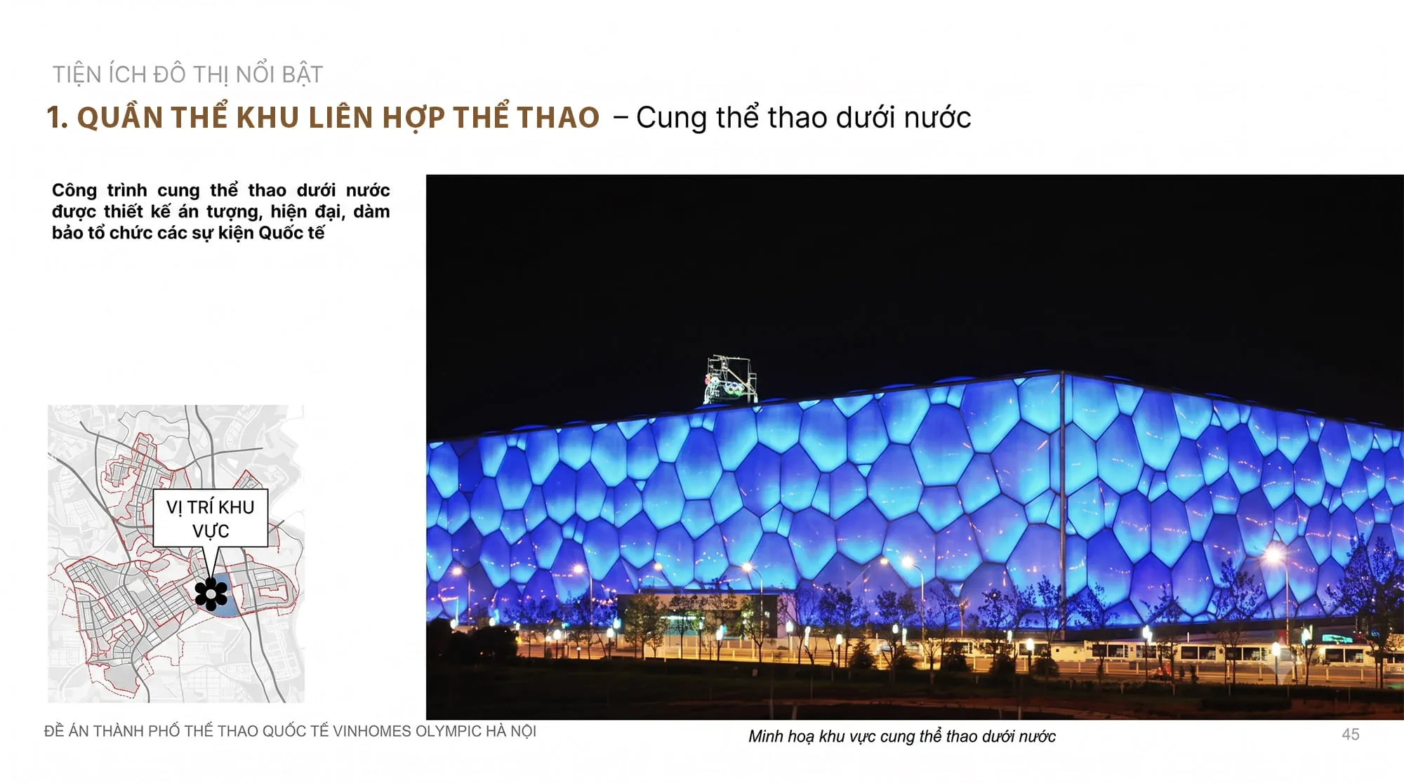 Global Aquatic Arena quy mô 40.000 chỗ ngồi, đạt chuẩn thi đấu bơi lội và nhảy cầu quốc tế. Cung thể thao dưới nước Global Aquatic Arena 40.000 chỗ tại Vinhomes Global Sportia
