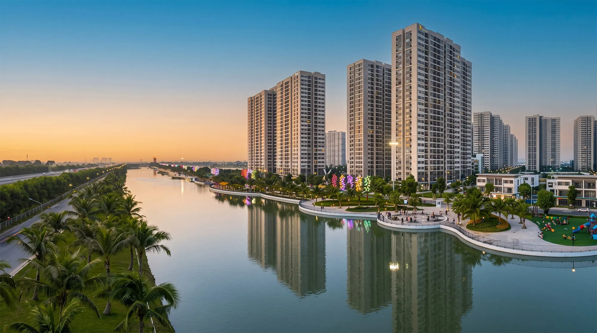 Các tòa căn hộ chung cư Vinhomes Global Sportia nằm gần hồ, gần sông xanh mát Các tòa căn hộ chung cư Vinhomes Global Sportia nằm gần hồ, gần sông xanh mát
