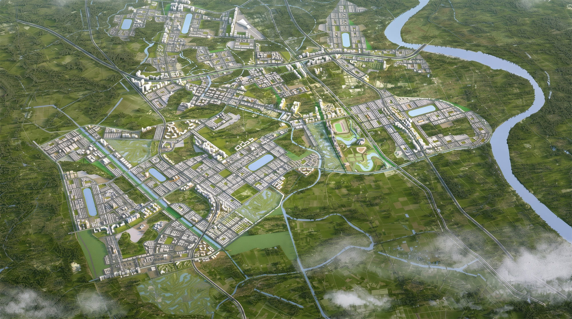 Phối cảnh minh họa tổng thể Vinhomes Global Sportia (Vinhomes Olympic) – đại đô thị thể thao tại cửa ngõ phía Nam Thủ đô Hà Nội. Phối cảnh tổng thể đại đô thị thể thao Vinhomes Global Sportia tại phía Nam Hà Nội